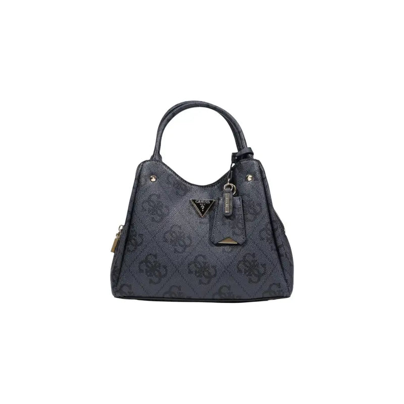 Dark gray Guess handbag with repeating logo pattern metallic hardware shoulder strap and zip pocket