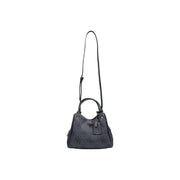 Guess grey print handbag with black leather handles and shoulder strap featuring a repeating logo pattern