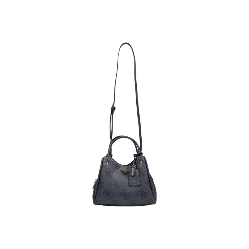 Guess grey print handbag with black leather handles and shoulder strap featuring a repeating logo pattern