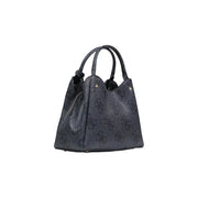 Guess grey print handbag with dark gray subtle logo pattern black leather handles shoulder strap and zip pocket