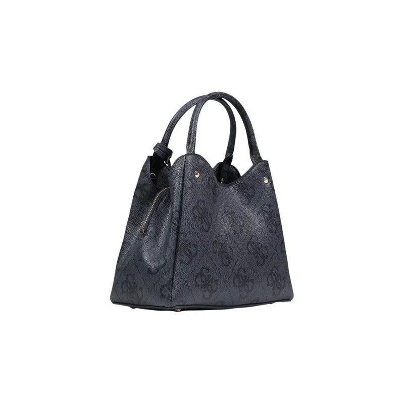 Guess grey print handbag with dark gray subtle logo pattern black leather handles shoulder strap and zip pocket