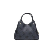 Dark gray Guess handbag with repeating monogram pattern gold-tone hardware shoulder strap and zip pocket