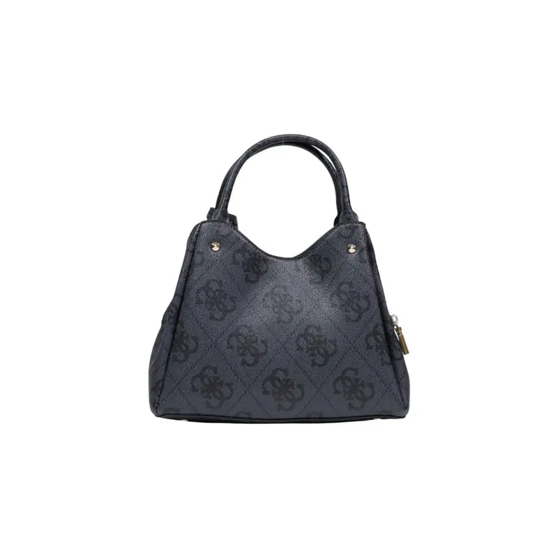 Dark gray Guess handbag with repeating monogram pattern gold-tone hardware shoulder strap and zip pocket