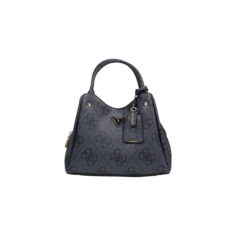 Dark gray Guess handbag with repeating logo pattern metallic hardware shoulder strap and zip pocket