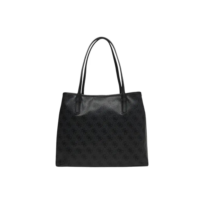 Guess grey print polyurethane bag featuring a black leather tote with subtle embossed pattern and inner pouch