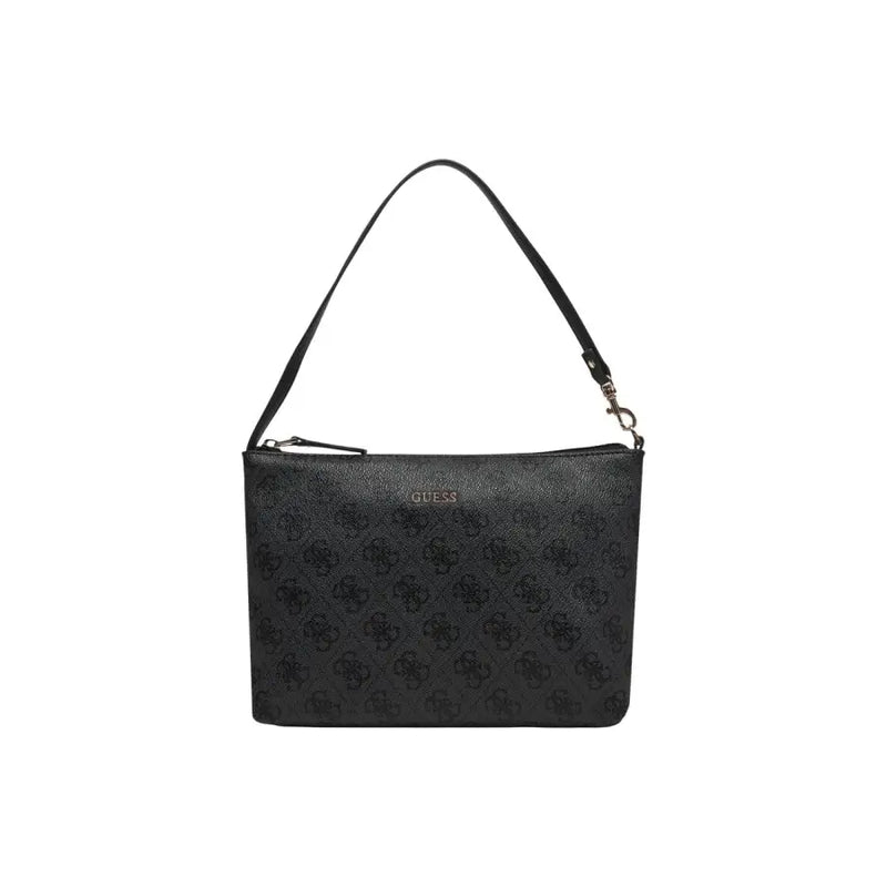 Black Guess shoulder bag with textured surface and repeating logo pattern in grey print polyurethane with inner pouch