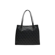 Guess grey print polyurethane bag featuring a black leather tote with subtle embossed pattern and inner pouch