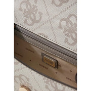 Beige guess handbag with subtle monogram pattern metallic gold-tone hardware polyurethane shoulder strap