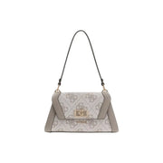A sleek guess grey print polyurethane handbag with subtle logo pattern leather trim and gold-tone hardware