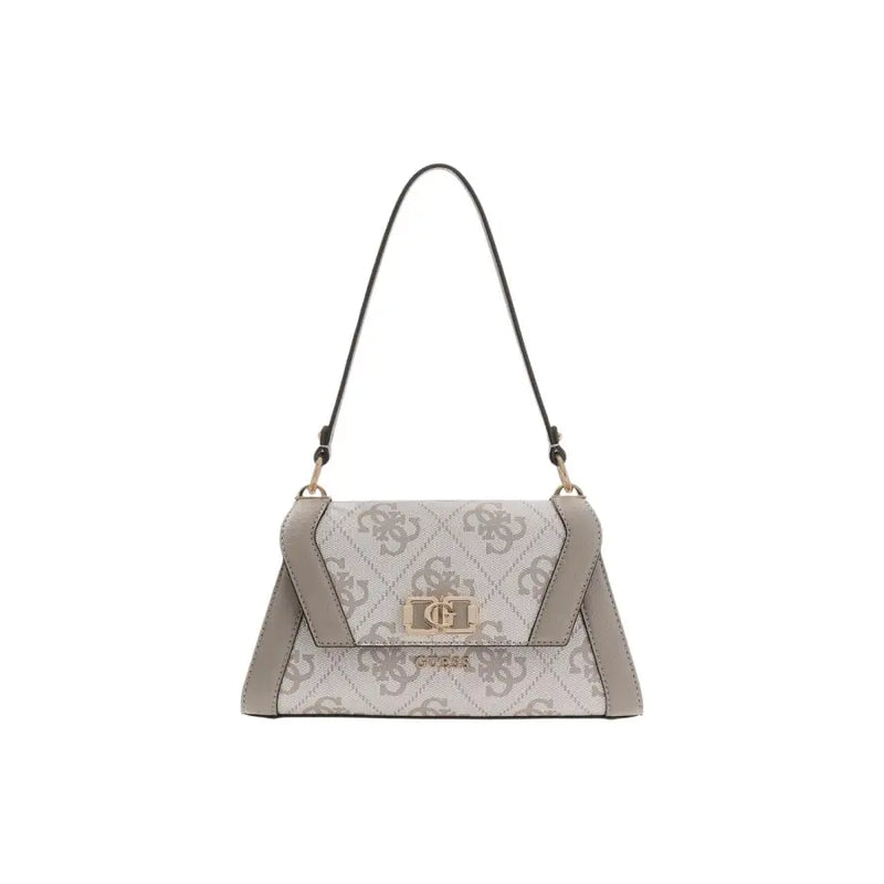 A sleek guess grey print polyurethane handbag with subtle logo pattern leather trim and gold-tone hardware