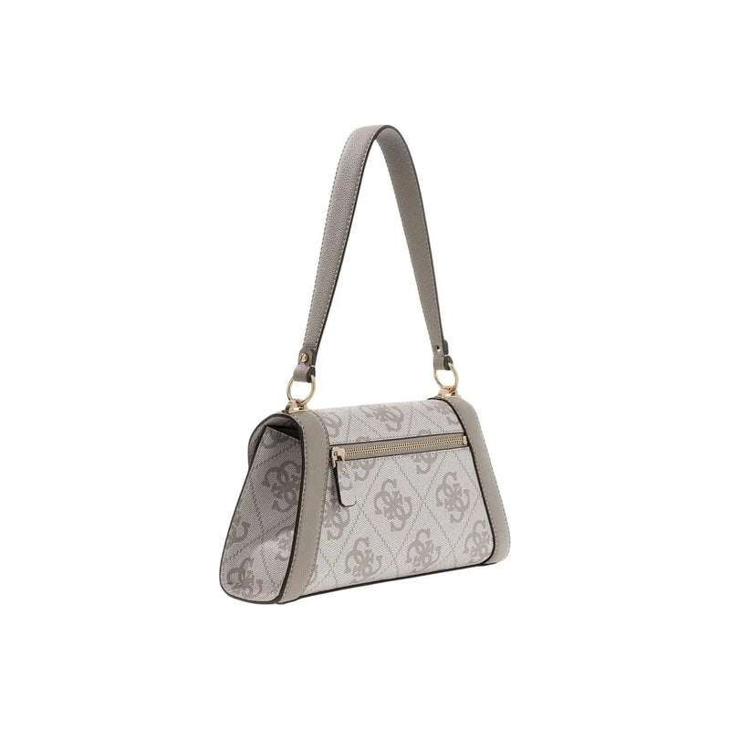 Guess grey print polyurethane handbag with repeating monogram pattern and matching shoulder strap