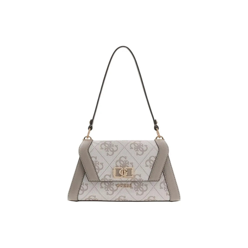 A sleek guess grey print polyurethane handbag with subtle logo pattern leather trim and gold-tone hardware