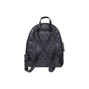 Black Guess backpack with repeating monogram pattern leather straps zip and pockets for versatile use