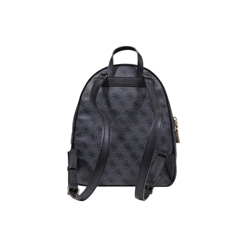 Black Guess backpack with repeating monogram pattern leather straps zip and pockets for versatile use