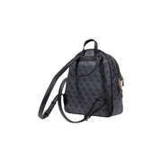 Black Guess grey print rucksack with repeating dark gray bear logo pattern and gold-tone zipper details