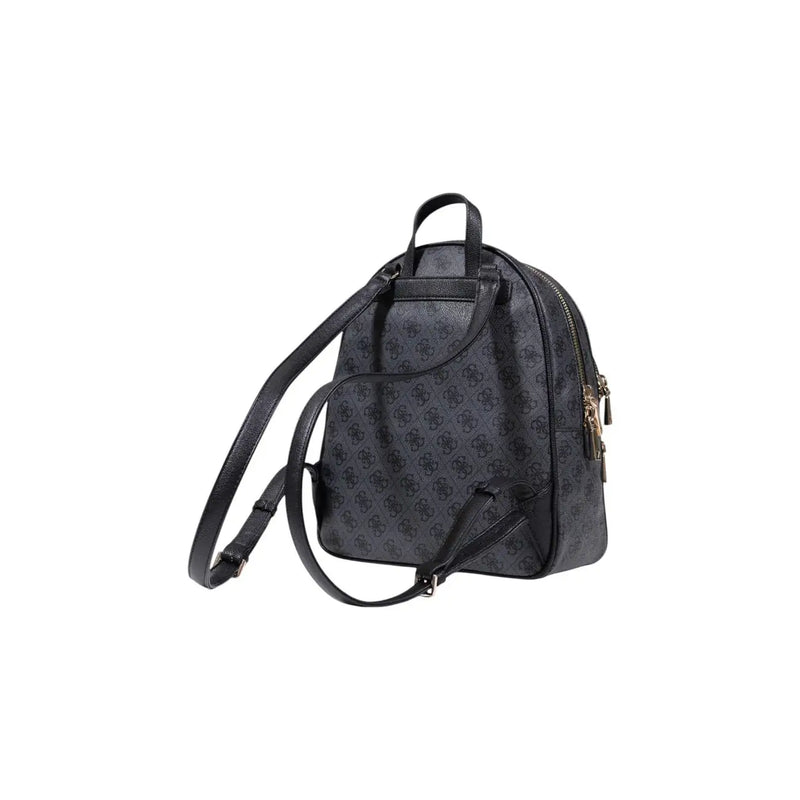 Black Guess grey print rucksack with repeating dark gray bear logo pattern and gold-tone zipper details