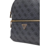 Dark gray Guess grey print rucksack with repeating monogram pattern and gold-tone zippers showing front side