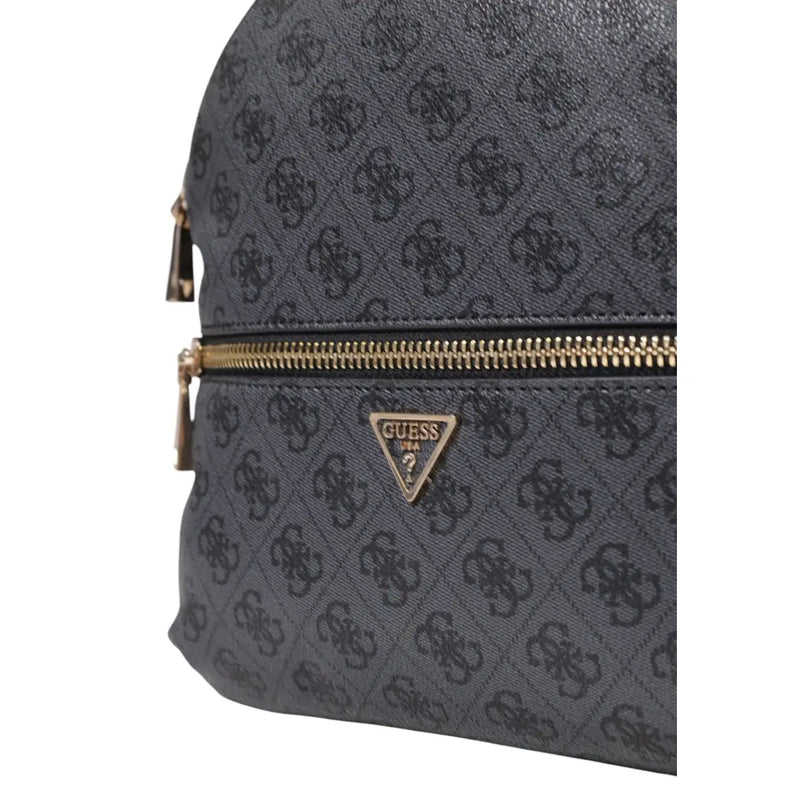 Dark gray Guess grey print rucksack with repeating monogram pattern and gold-tone zippers showing front side