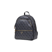 Dark gray Guess grey print rucksack with repeating logo pattern and gold-tone zippers in front view
