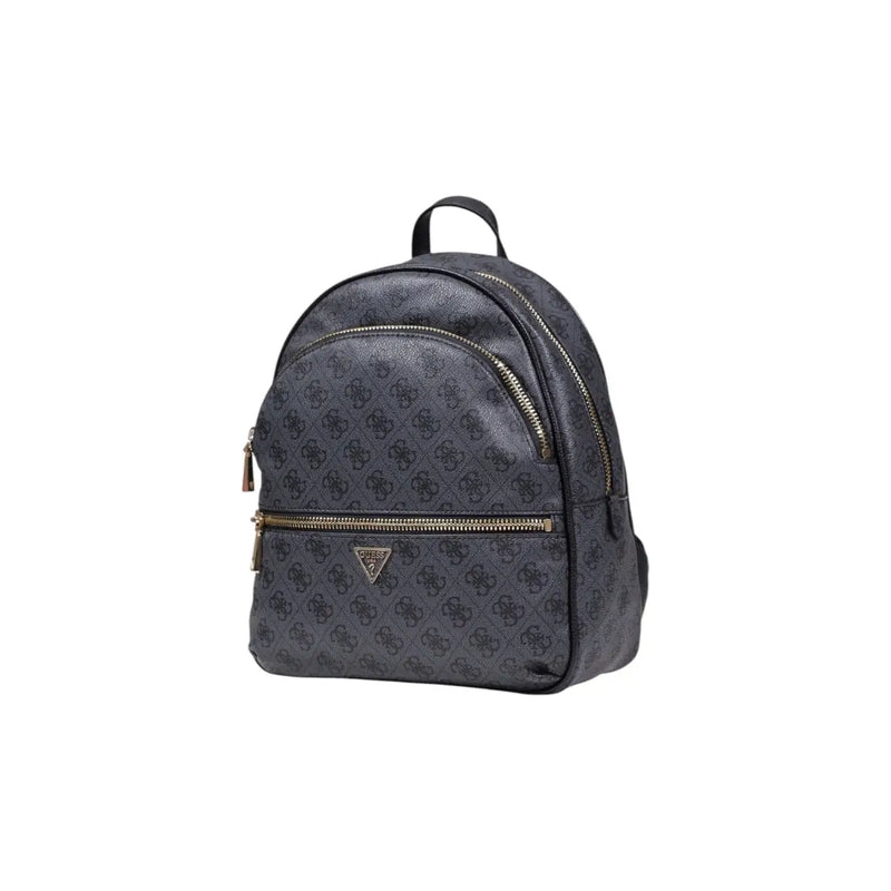 Dark gray Guess grey print rucksack with repeating logo pattern and gold-tone zippers in front view