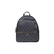 Dark gray guess grey print rucksack with repeating logo pattern and gold-tone zippers featuring multiple pockets