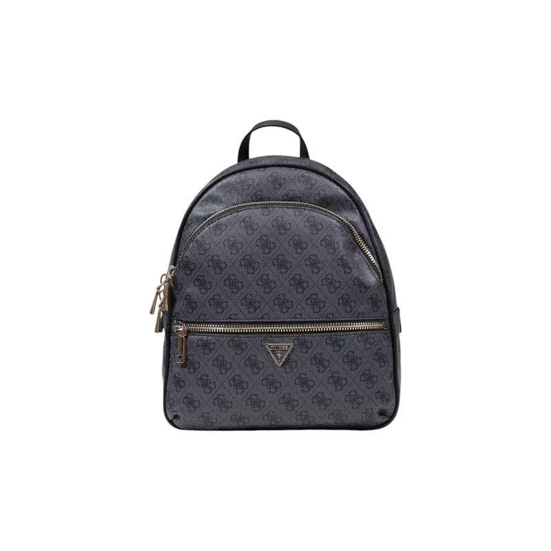Dark gray guess grey print rucksack with repeating logo pattern and gold-tone zippers featuring multiple pockets