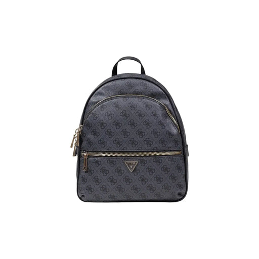 Dark gray guess grey print rucksack with repeating logo pattern and gold-tone zippers featuring multiple pockets