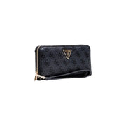 Black Guess zip wallet with repeating logo pattern and gold-tone zipper pull for organized storage