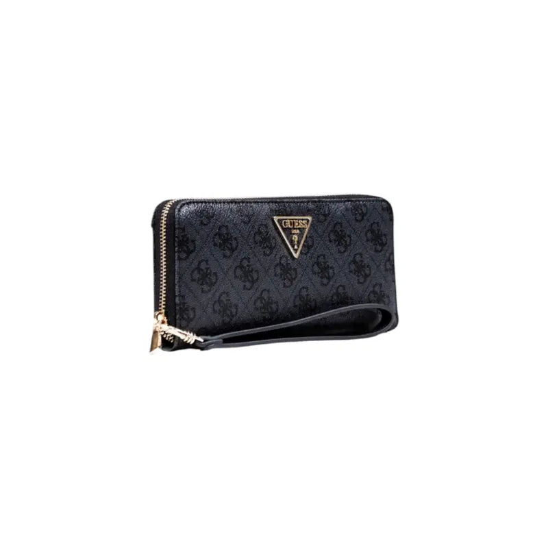 Guess Grey Print Zip Wallet with Black Logo Pattern and Gold Zipper
