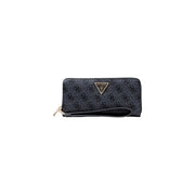 Black guess zip wallet with grey print logo pattern multiple pockets and gold-tone triangular brand emblem