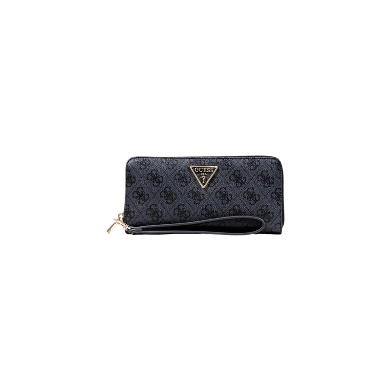 Black guess zip wallet with grey print logo pattern multiple pockets and gold-tone triangular brand emblem