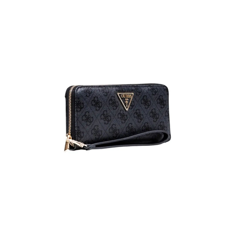 Black Guess zip wallet with repeating logo pattern and gold-tone zipper pull for organized storage