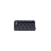 Dark gray Guess grey print zip wallet with repeating black logo pattern and gold-tone zipper pulls and multiple pockets