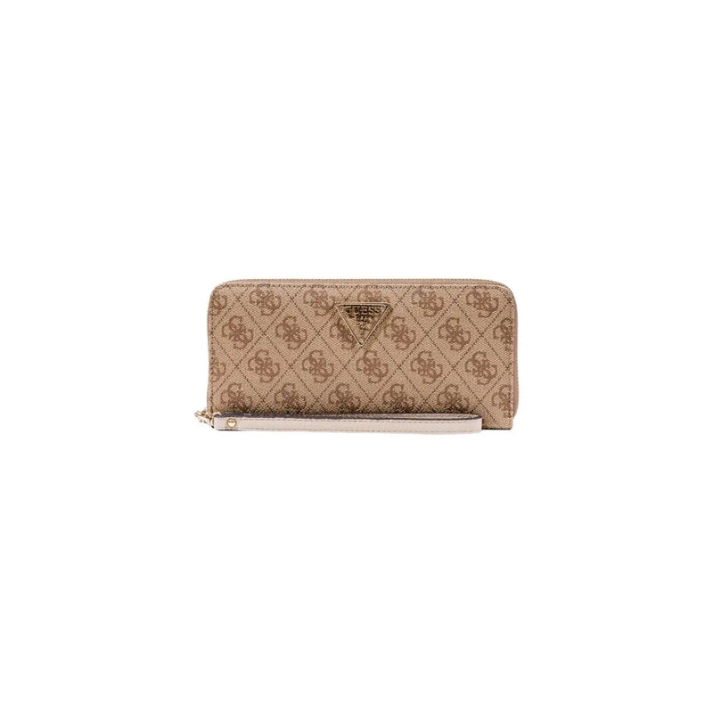Beige Guess zip wallet with repeating logo pattern and matching wrist strap featuring multiple pockets