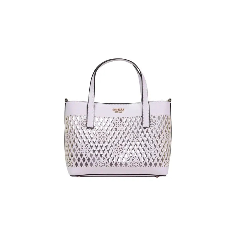 Guess lilac polyurethane handbag in white with a silver metallic lattice pattern and black handle trim with shoulder strap
