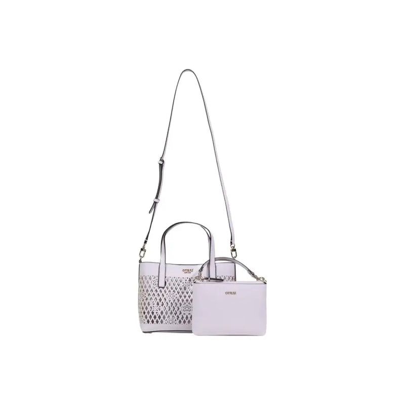 A pair of lilac polyurethane Guess handbags with shoulder straps, one perforated and one solid, featuring silver hardware