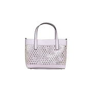 Guess lilac white leather tote bag with geometric lattice pattern and black trim handles with shoulder strap