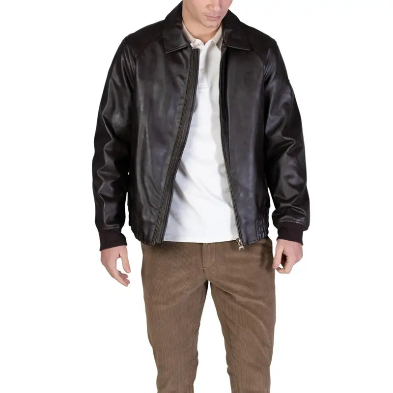 Guess Herren-Fliegerjacke aus braunem Polyurethan, klassische Größe L, mit schwarzer Lederbomberjacke mit Reißverschluss vorne und Kragen