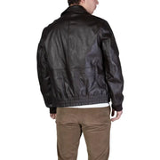 Schwarze Lederbomberjacke mit gerippten Bündchen und Saum von Guess Herren-Fliegerjacke, klassische Größe L