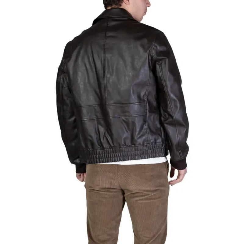 Schwarze Lederbomberjacke mit gerippten Bündchen und Saum von Guess Herren-Fliegerjacke, klassische Größe L