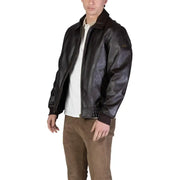 Guess Herren-Fliegerjacke, braun, dunkelbraunes Leder mit dezentem Glanz und gerippten Bündchen, Größe L, Polyurethan, klassisch