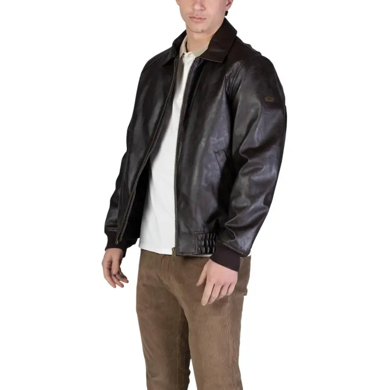Guess Herren-Fliegerjacke, braun, dunkelbraunes Leder mit dezentem Glanz und gerippten Bündchen, Größe L, Polyurethan, klassisch