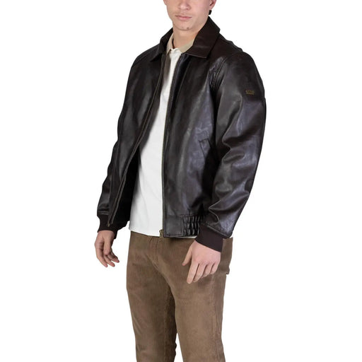 Guess men aviator jacket brown dark brown leather with subtle sheen and ribbed cuffs size L polyurethane classic