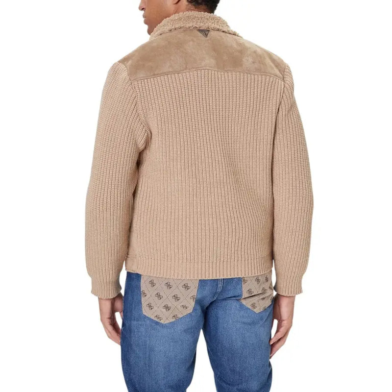 Beige textured sweater with suede accents and patterned lining, inspired by ralph lauren’s classic style.