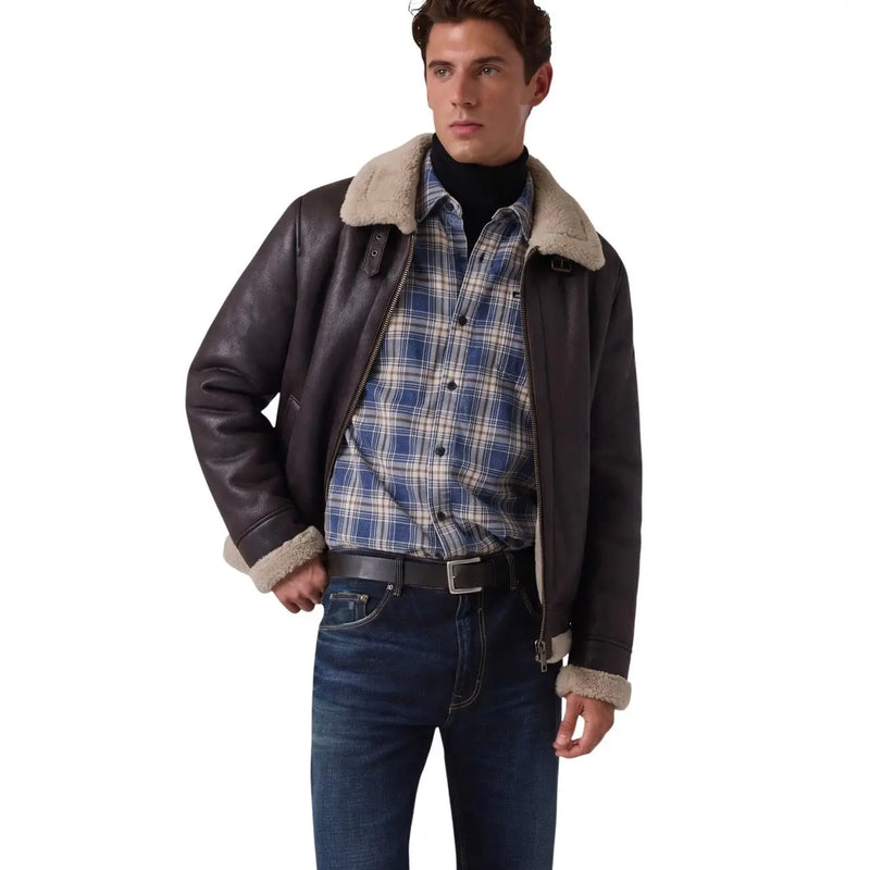 Dunkelbraune Lederbomberjacke mit cremefarbenem Shearling-Futter und Bündchen für Guess Herren-Blazer aus schwarzem Polyurethan mit Reißverschluss
