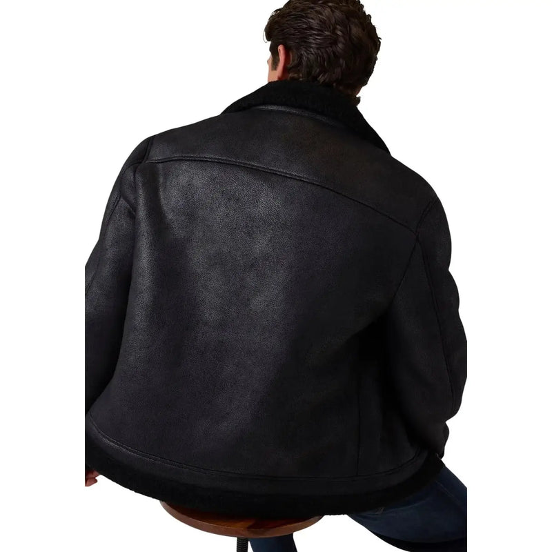 Guess Schwarze Herren-Blazerjacke aus Polyurethan mit Reißverschluss im Bomberjackenstil mit schwarzem Shearling-Futter und weichem, flauschigem Innenfutter