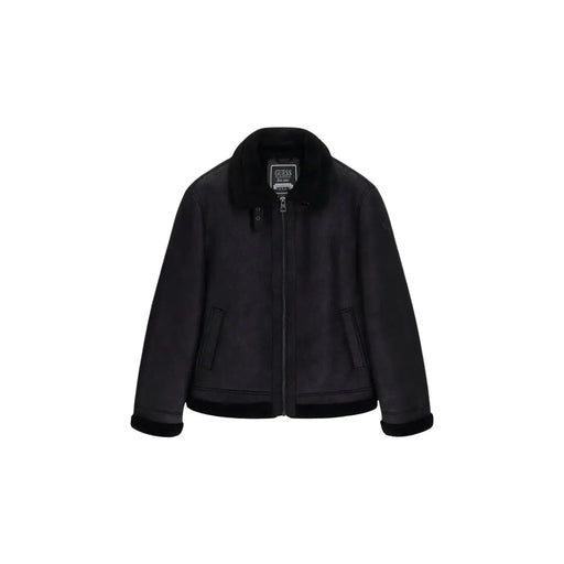 Guess Schwarzer Herren-Blazer aus Polyurethan mit Reißverschluss, flauschigem Shearling-Kragen, Frontreißverschluss und zwei Seitentaschen