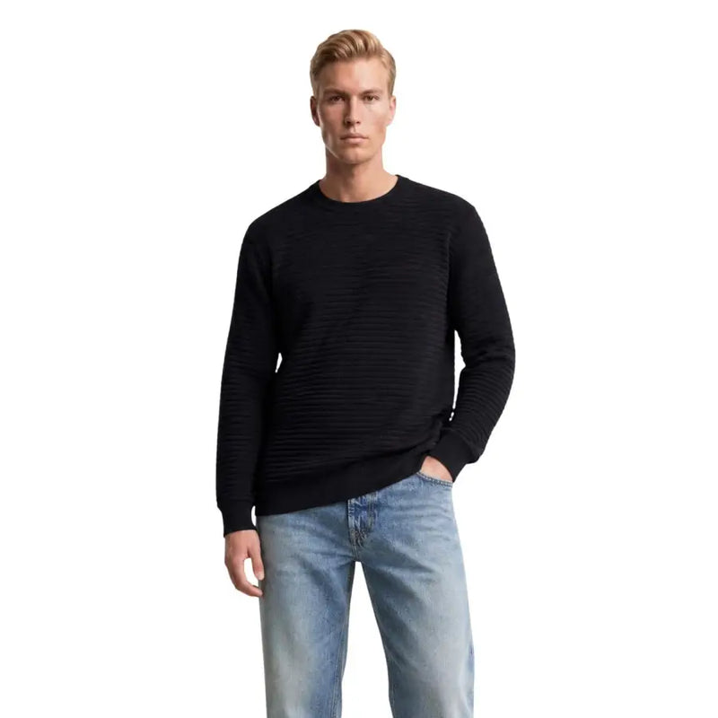 Guess Herren-Strickpullover, blau, Merton-Stil, Rundhalsausschnitt, schwarz gerippt, lange Ärmel, für Freizeitkleidung