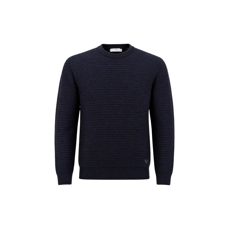 Guess men blue knitwear Merton crew neck sweater in dark navy with subtle ribbed texture and triangular logo detail