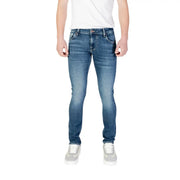 Blue denim jeans with a slim fit and distressed details.
